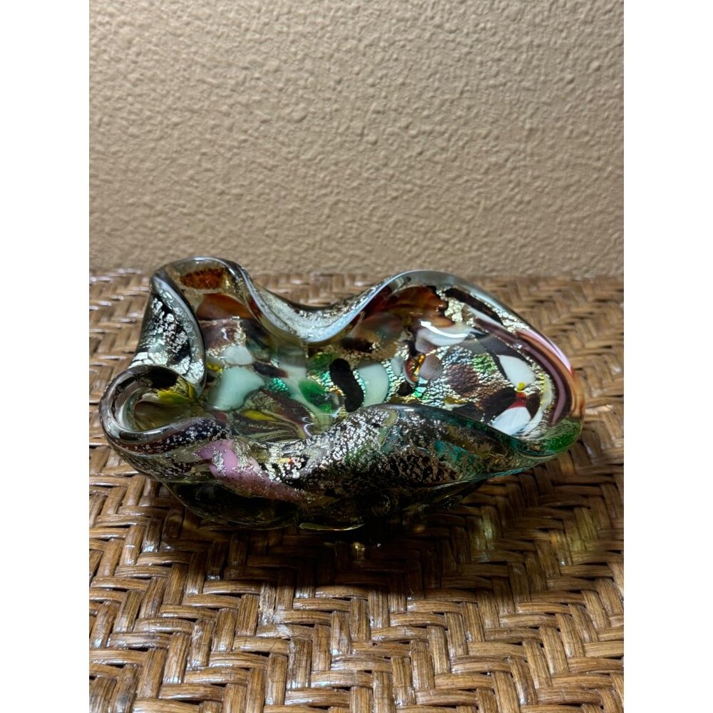 Vintage Murano Art Glass Bowl Tutti Frutti Multicolor Swirl Design  Gold Flecks